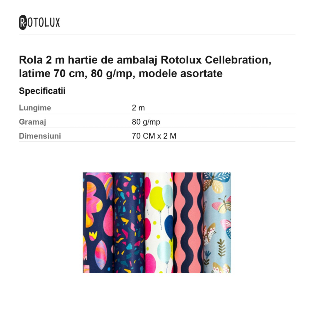 Rola 2 m hartie de ambalaj Rotolux Cellebration, latime 70 cm, 80 g/mp, modele asortate [3]