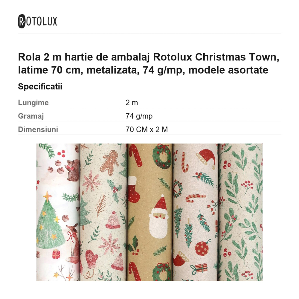 Rola 2 m hartie de ambalaj Rotolux Christmas Town, latime 70 cm, metalizata, 74 g/mp, modele asortate [3]