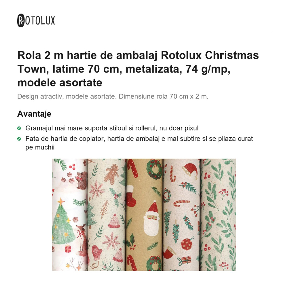 Rola 2 m hartie de ambalaj Rotolux Christmas Town, latime 70 cm, metalizata, 74 g/mp, modele asortate [2]