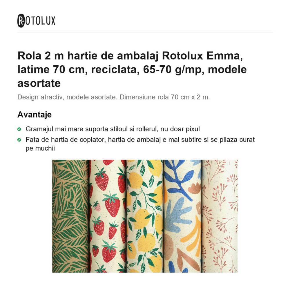 Rola 2 m hartie de ambalaj Rotolux Emma, latime 70 cm, reciclata, 65-70 g/mp, modele asortate [2]
