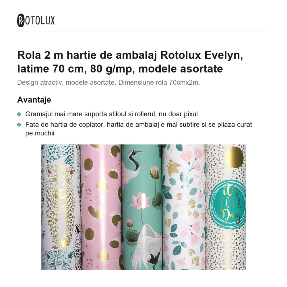 Rola 2 m hartie de ambalaj Rotolux Evelyn, latime 70 cm, 80 g/mp, modele asortate [2]