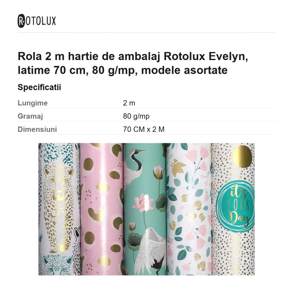 Rola 2 m hartie de ambalaj Rotolux Evelyn, latime 70 cm, 80 g/mp, modele asortate [3]