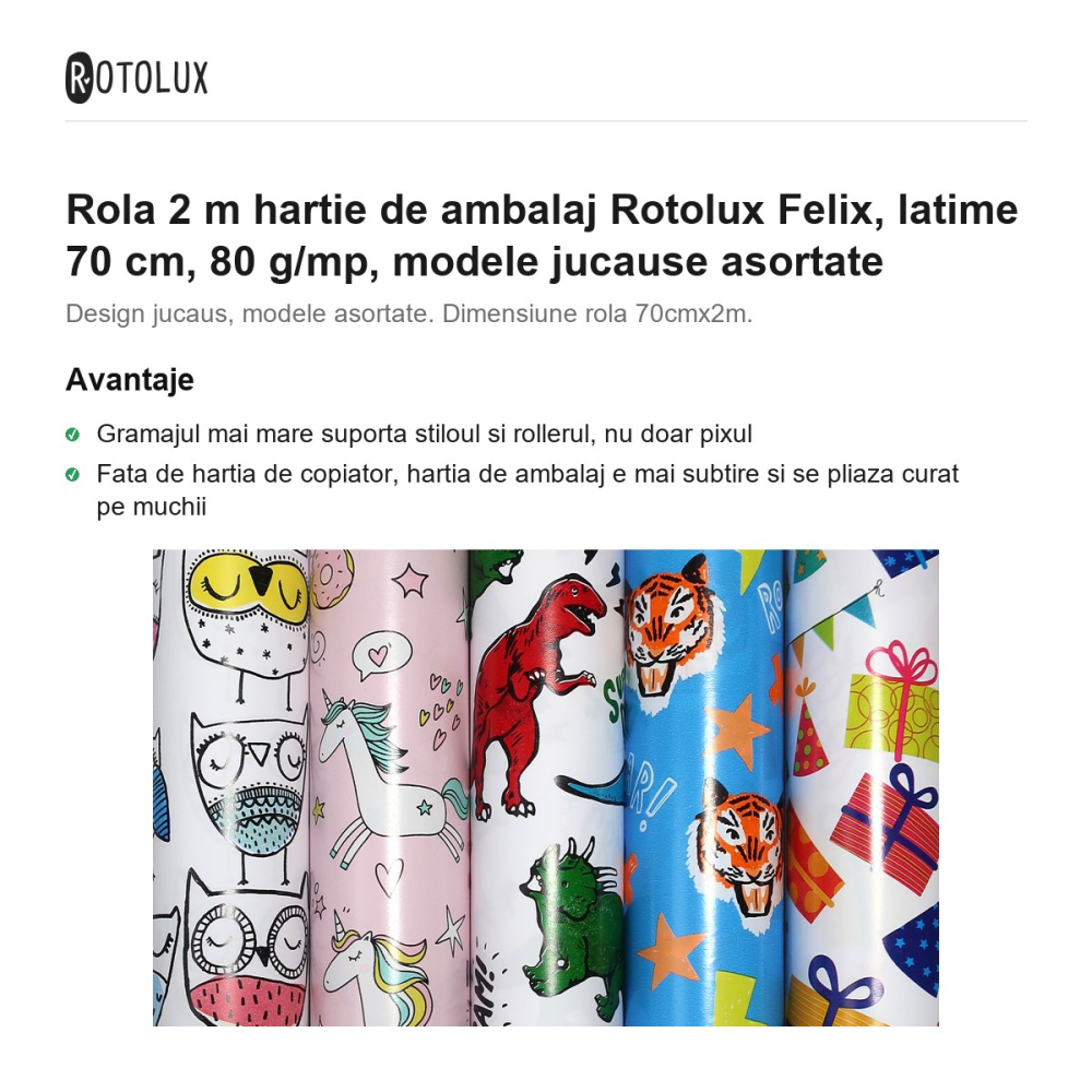 Rola 2 m hartie de ambalaj Rotolux Felix, latime 70 cm, 80 g/mp, modele jucause asortate [2]
