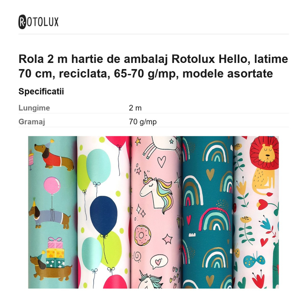 Rola 2 m hartie de ambalaj Rotolux Hello, latime 70 cm, reciclata, 65-70 g/mp, modele asortate [3]
