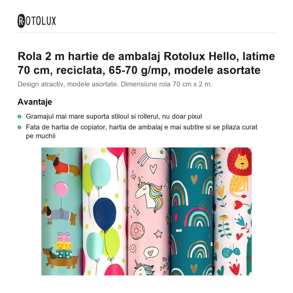 Rola 2 m hartie de ambalaj Rotolux Hello, latime 70 cm, reciclata, 65-70 g/mp, modele asortate [2]