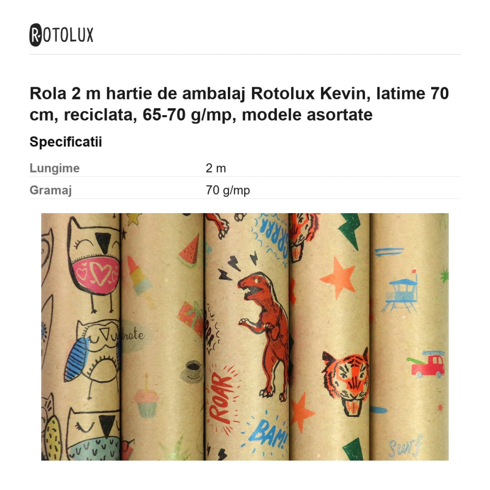 Rola 2 m hartie de ambalaj Rotolux Kevin, latime 70 cm, reciclata, 65-70 g/mp, modele asortate [3]