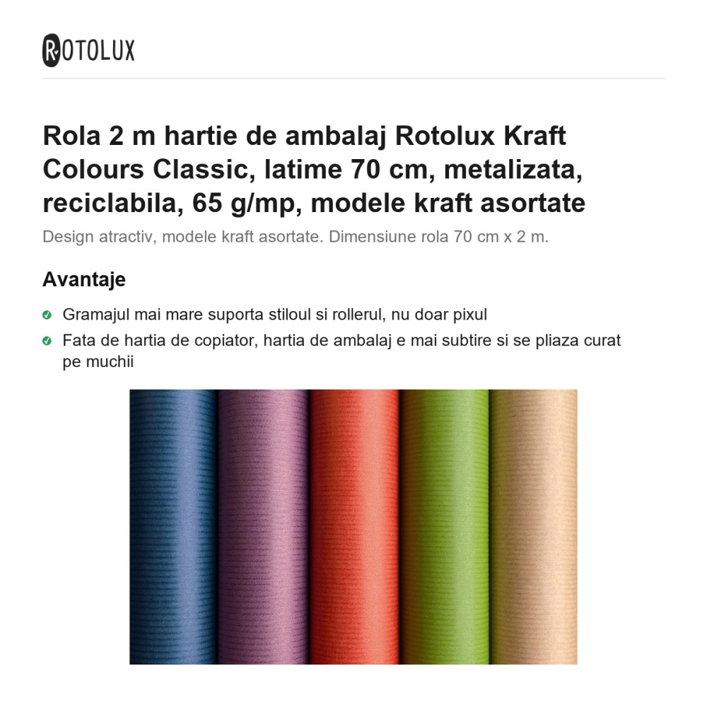 Rola 2 m hartie de ambalaj Rotolux Kraft Colours Classic, latime 70 cm, metalizata, reciclabila, 65 g/mp, modele kraft asortate [2]