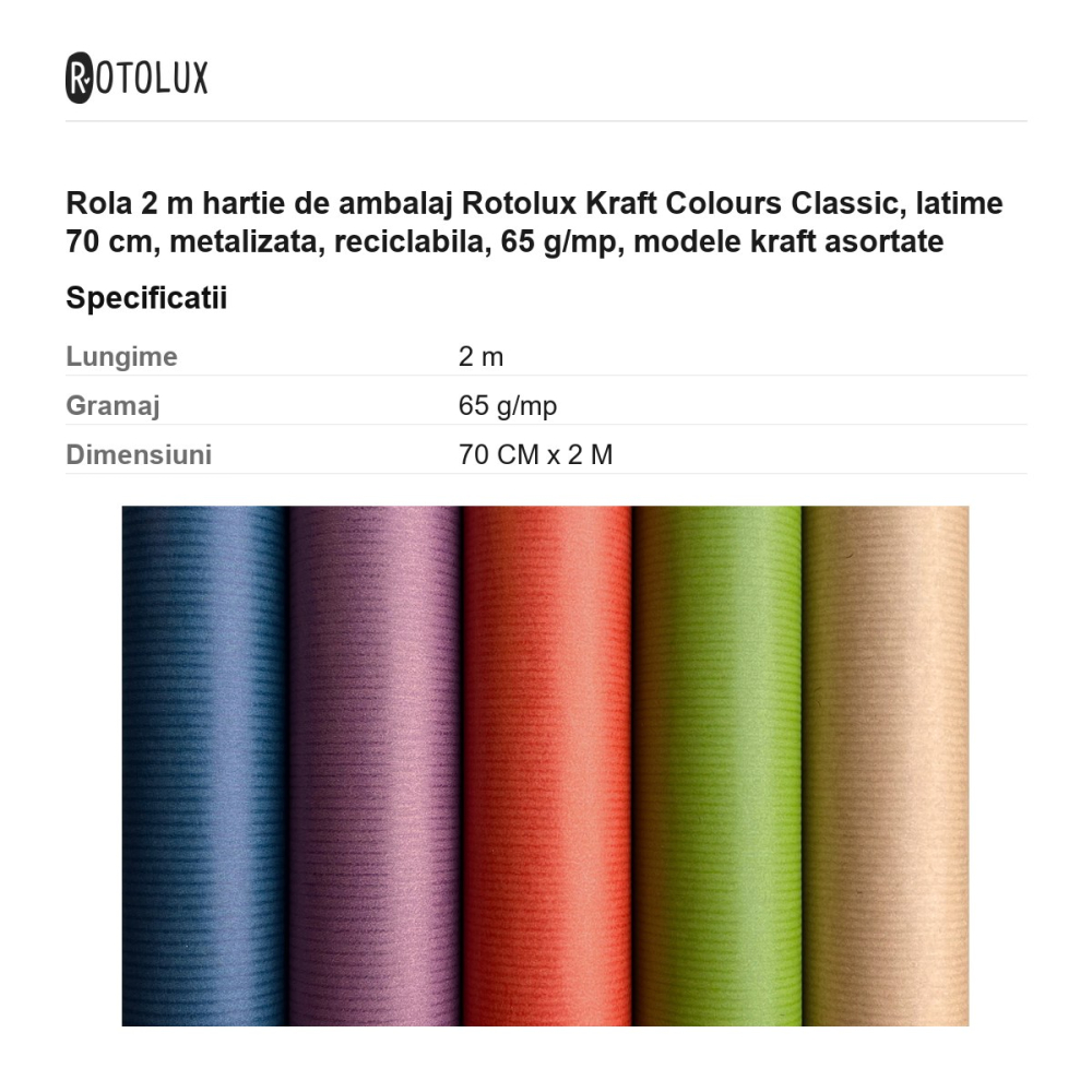 Rola 2 m hartie de ambalaj Rotolux Kraft Colours Classic, latime 70 cm, metalizata, reciclabila, 65 g/mp, modele kraft asortate [3]