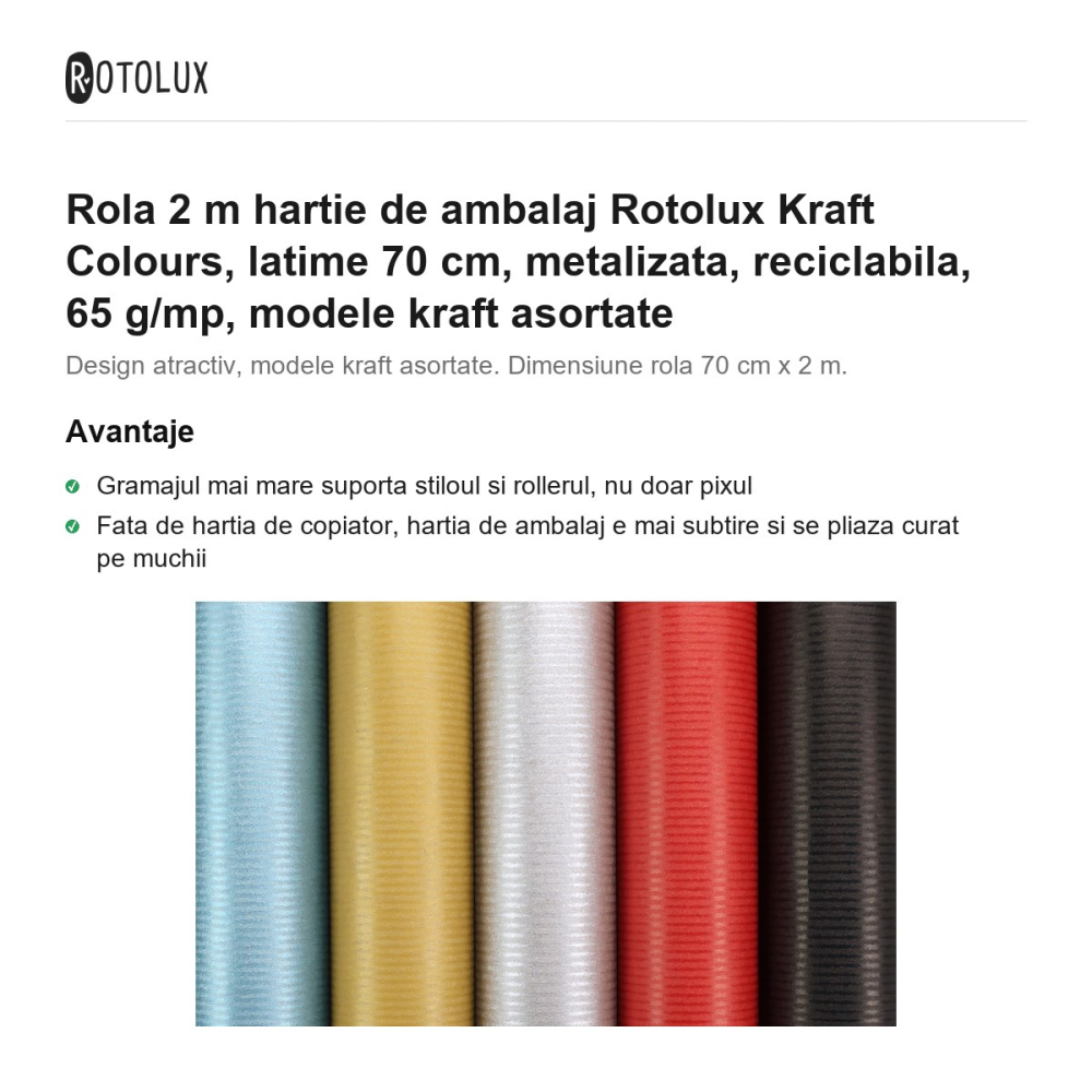 Rola 2 m hartie de ambalaj Rotolux Kraft Colours, latime 70 cm, metalizata, reciclabila, 65 g/mp, modele kraft asortate [2]