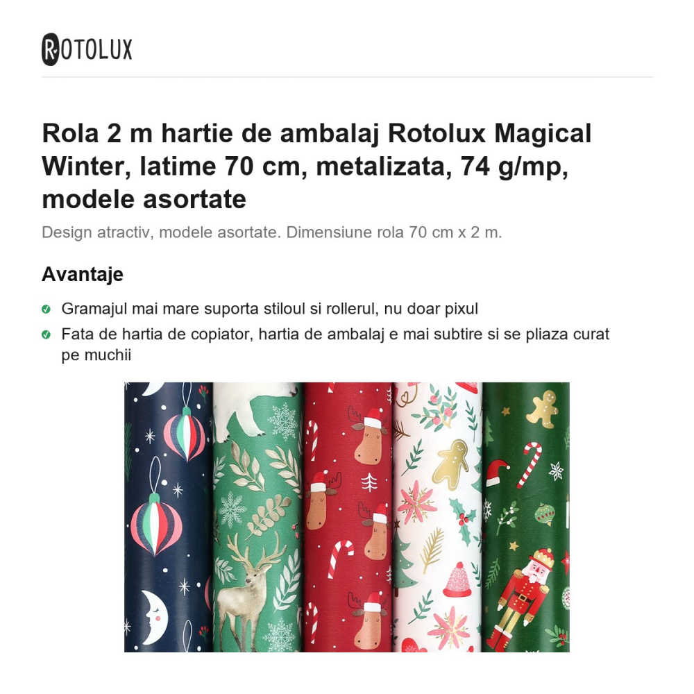 Rola 2 m hartie de ambalaj Rotolux Magical Winter, latime 70 cm, metalizata, 74 g/mp, modele asortate [2]