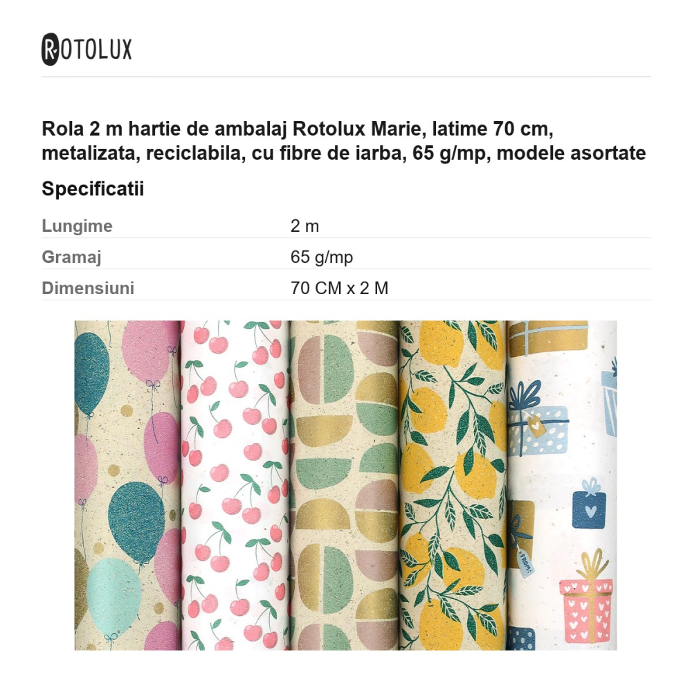Rola 2 m hartie de ambalaj Rotolux Marie, latime 70 cm, metalizata, reciclabila, cu fibre de iarba, 65 g/mp, modele asortate [3]