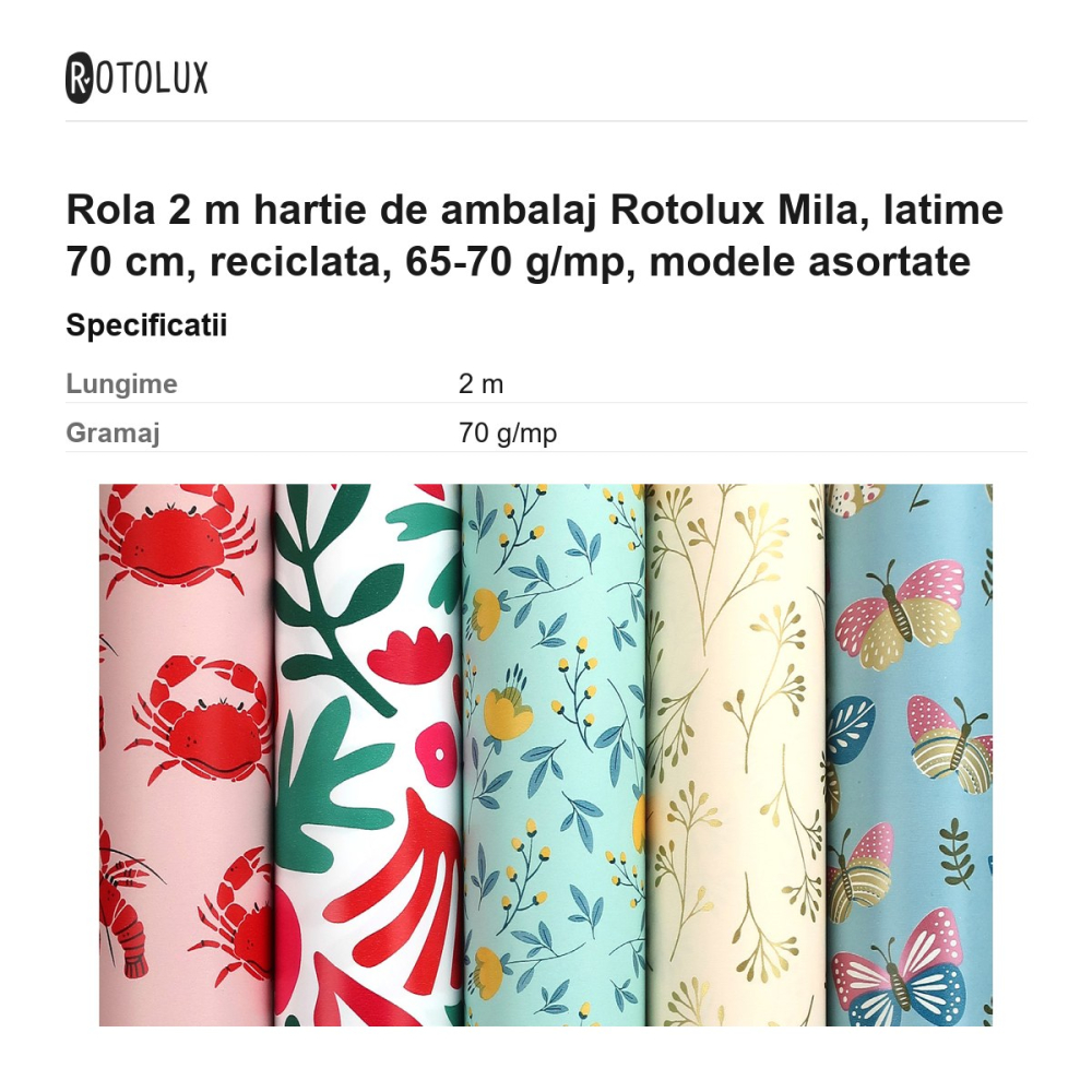 Rola 2 m hartie de ambalaj Rotolux Mila, latime 70 cm, reciclata, 65-70 g/mp, modele asortate [3]