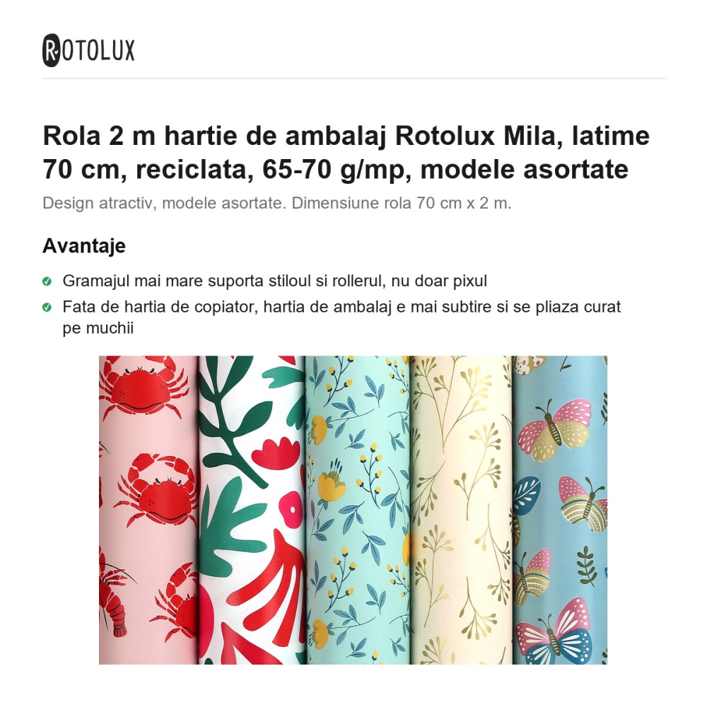 Rola 2 m hartie de ambalaj Rotolux Mila, latime 70 cm, reciclata, 65-70 g/mp, modele asortate [2]