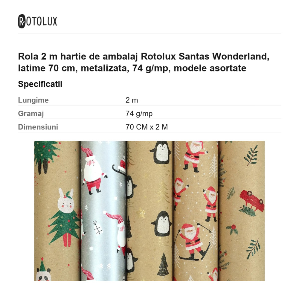 Rola 2 m hartie de ambalaj Rotolux Santas Wonderland, latime 70 cm, metalizata, 74 g/mp, modele asortate [3]