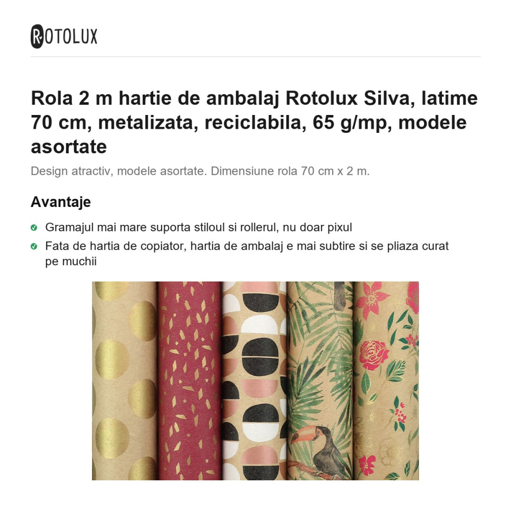 Rola 2 m hartie de ambalaj Rotolux Silva, latime 70 cm, metalizata, reciclabila, 65 g/mp, modele asortate [2]