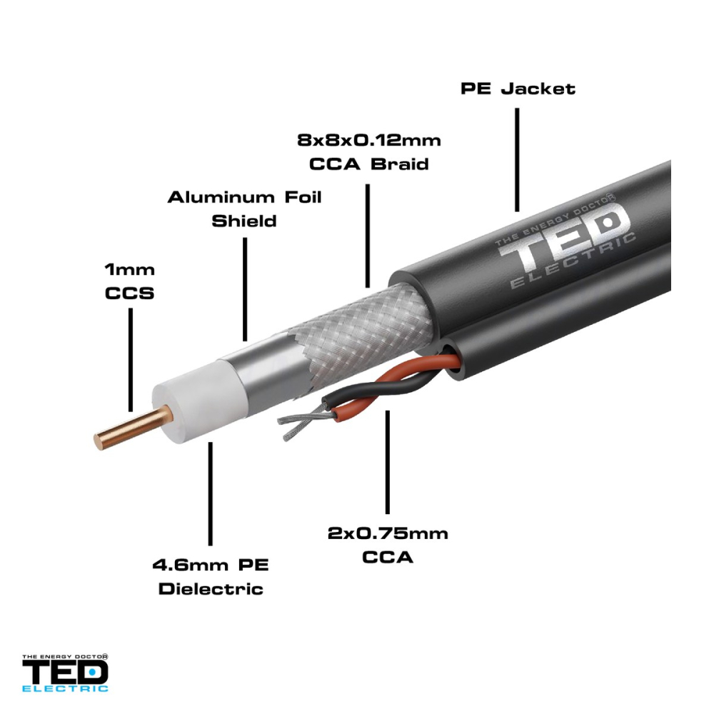 Rola 305m cablu coaxial TED Electric RG6 TED002594, conductor CCS 1 mm, 2 fire de alimentare 2 x 0,75 mm CCA, tresa CCA 8 x 8 x 0,12 mm, manta PE [4]