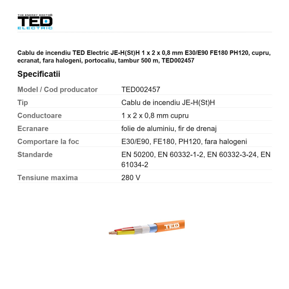 Rola 500m cablu de incendiu TED Electric JE-H(St)H 1 x 2 x 0,8 mm E30/E90 FE180 PH120, cupru, ecranat, fara halogeni, portocaliu, TED002457 [3]