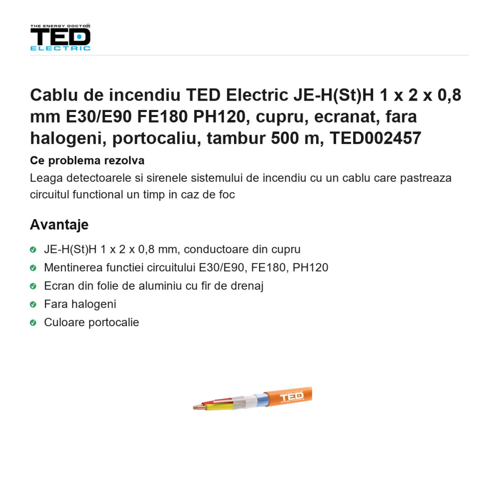 Rola 500m cablu de incendiu TED Electric JE-H(St)H 1 x 2 x 0,8 mm E30/E90 FE180 PH120, cupru, ecranat, fara halogeni, portocaliu, TED002457 [2]