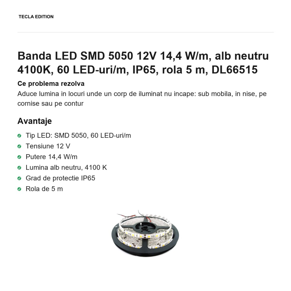 Rola 5m banda LED SMD 5050 12V 14,4 W/m, alb neutru 4100K, 60 LED-uri/m, IP65, DL66515 [2]