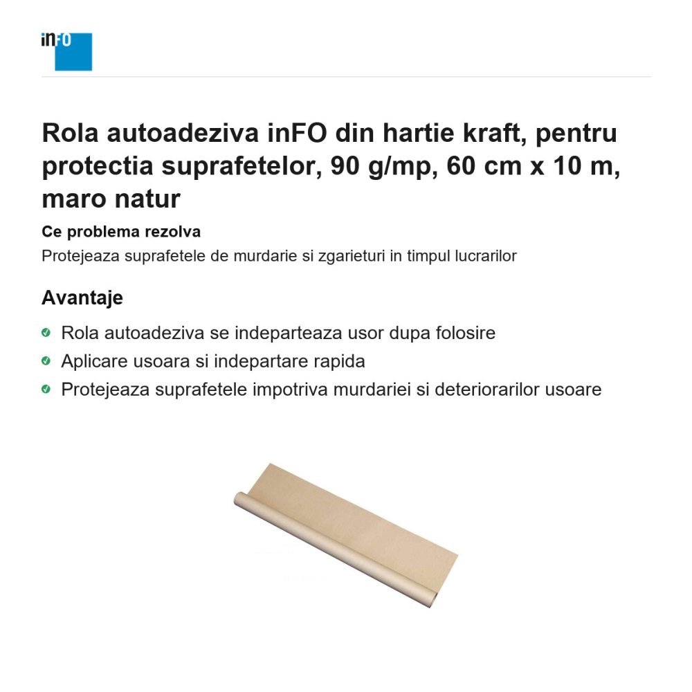 Rola autoadeziva inFO din hartie kraft, pentru protectia suprafetelor, 90 g/mp, 60 cm x 10 m, maro natur [2]
