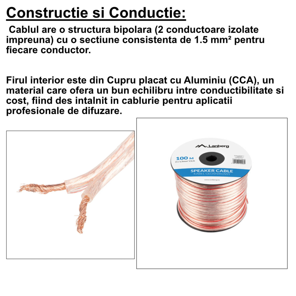 Rola Cablu Audio Boxe Profesional 2X1.5MM2, 100M, Transparent, pentru Instalatii Fixe si Difuzare Sonora, Cupru CCA [4]