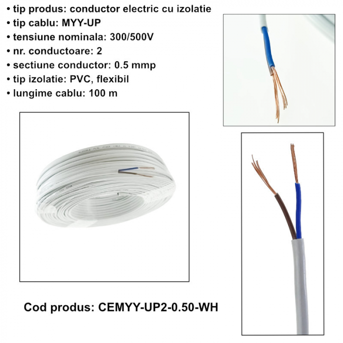 Rola cablu electric MYY-UP, 2 x 0.5 mm2, din cupru, 100m, CEMYY-UP2-0.50-WH, 2C, 300/500V, alb [6]
