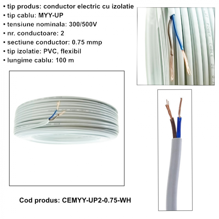 Rola cablu electric MYY-UP. 2 x 0.75 mm2. din cupru. 100m. CEMYY-UP2-0.75-WH. 2C. 300/500V. alb [6]