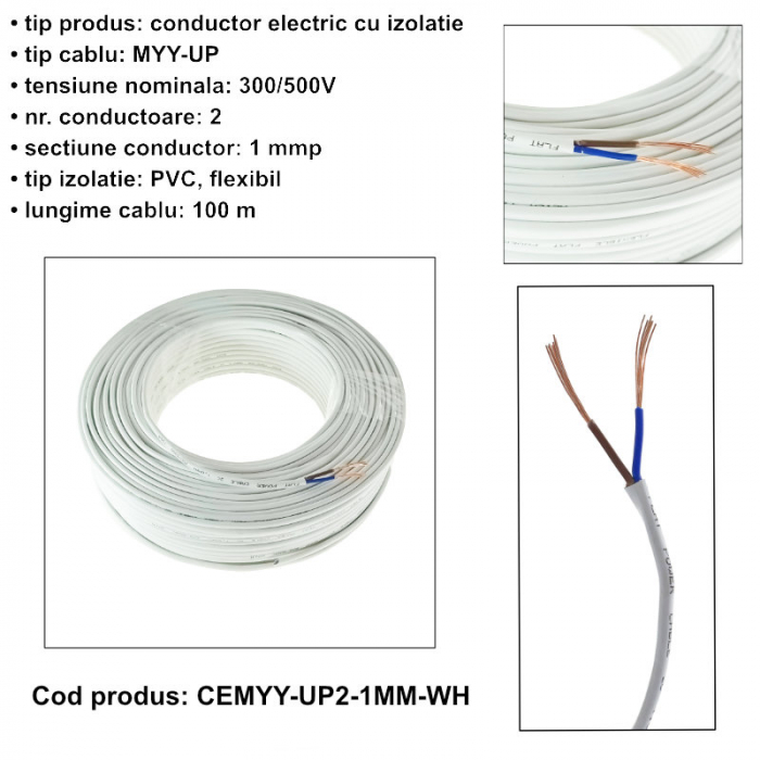 Rola cablu electric MYY-UP, 2 x 1 mm2, din cupru, 100m, CEMYY-UP2-1MM-WH, 2C, 300/500V, alb [6]