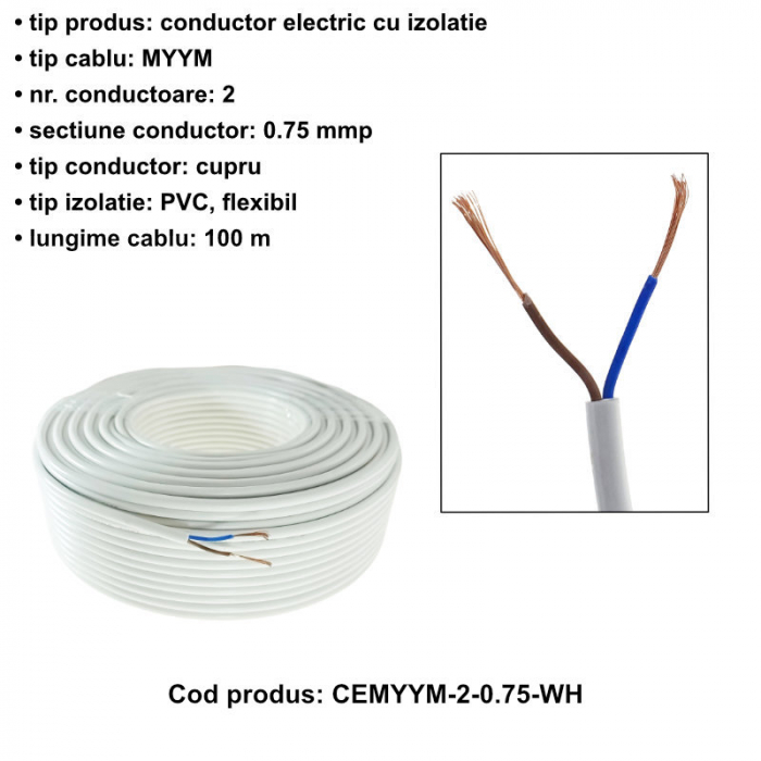 Rola cablu electric MYYM, 2 x 0.75 mmp, din cupru, lungime 100m, CEMYYM-2-0.75-WH, 2C, 300/500V, alb [6]