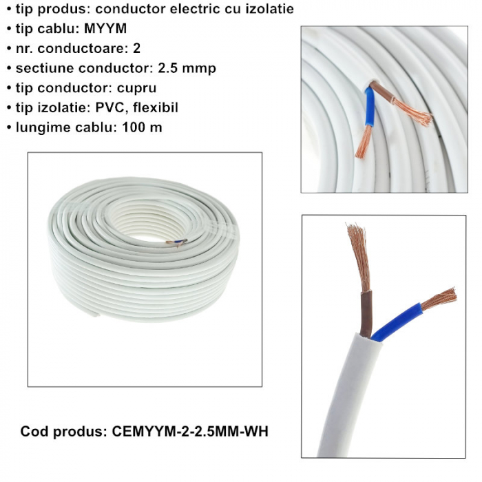 Rola cablu electric MYYM, 2 x 2.5 mmp, din cupru, 100m, CEMYYM-2-2.5MM-WH, 2C, 300/500V, alb [6]
