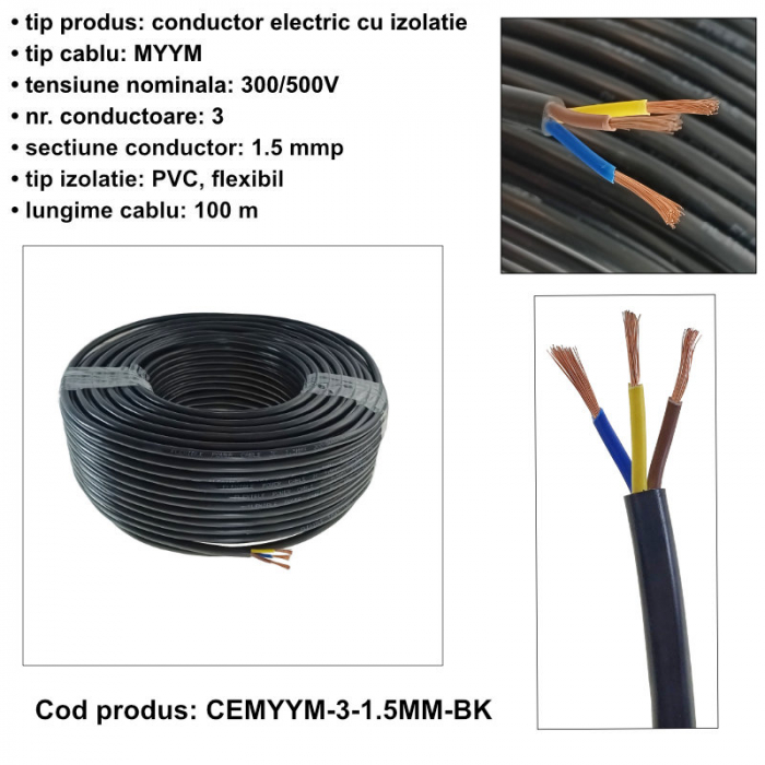 Rola cablu electric MYYM, 3 x 1.5 mmp, 100m, din cupru, CEMYYM-3-1.5MM-BK, 3C, 300/500V, negru [6]