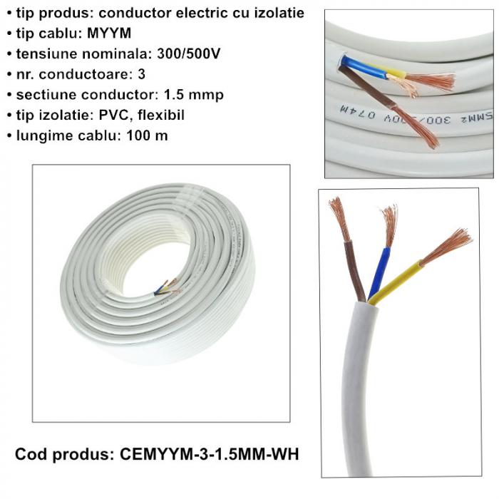 Rola cablu electric MYYM, 3 x 1.5 mmp, din cupru, 100m, CEMYYM-3-1.5MM-WH, 3C, 300/500V, alb [6]