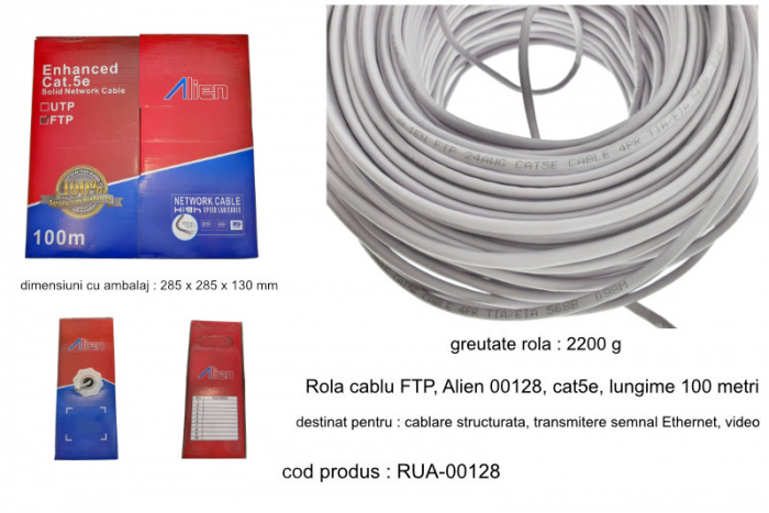 Rola cablu FTP, Alien 00128, cat5e, lungime 100 metri, CCA, AWG 24, de legatura retea, ethernet, gri [4]
