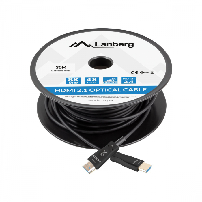 Rola cablu optic HDMI v.2.1, 30m, 8K-60Hz, tata-tata, Lanberg 43753, Ultra High Speed, DSC-10K, DSC, eARC, HDR10+, negru [1]