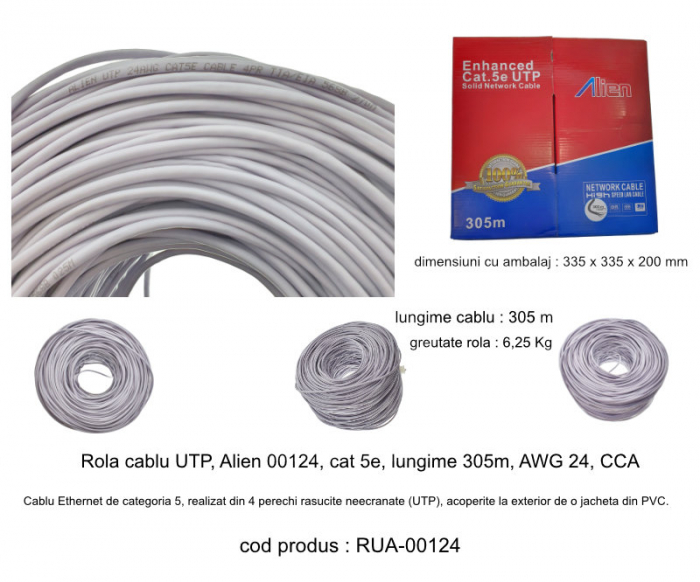Rola cablu UTP, Alien 00124, cat 5e, lungime 305m, AWG 24, CCA, de legatura retea, ethernet, gri [5]
