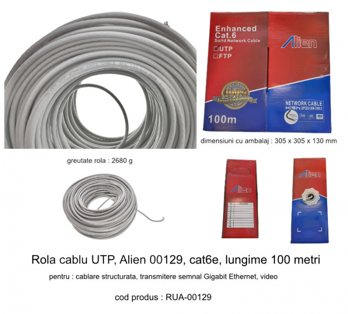 Rola cablu UTP, Alien 00129, cat6e, lungime 100 metri, CCA, AWG 23, de legatura retea, ethernet, gri [4]