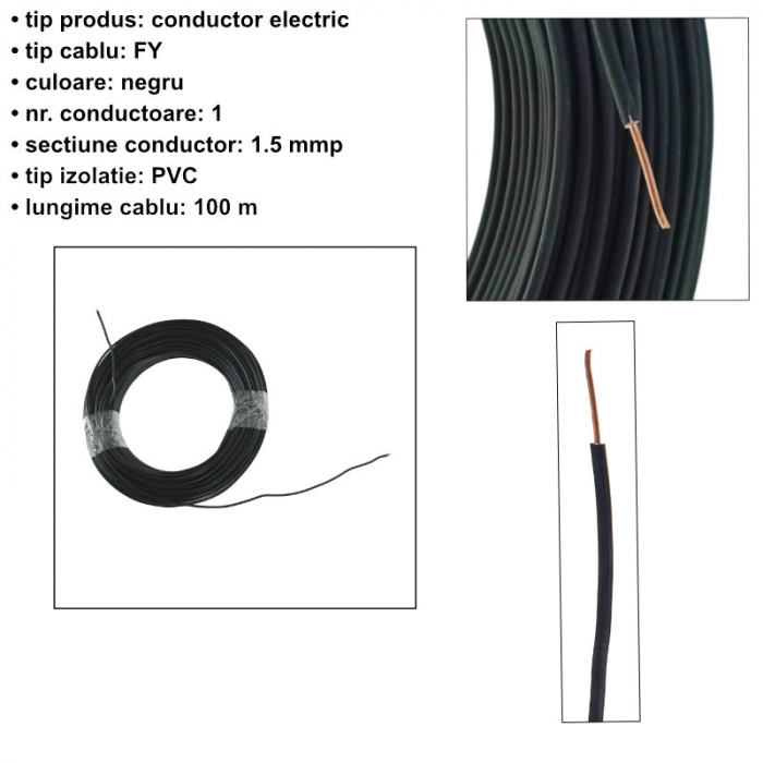 Rola conductor electric, 1.5 mmp, din cupru, 100 m, FE-40906-BK, negru [5]