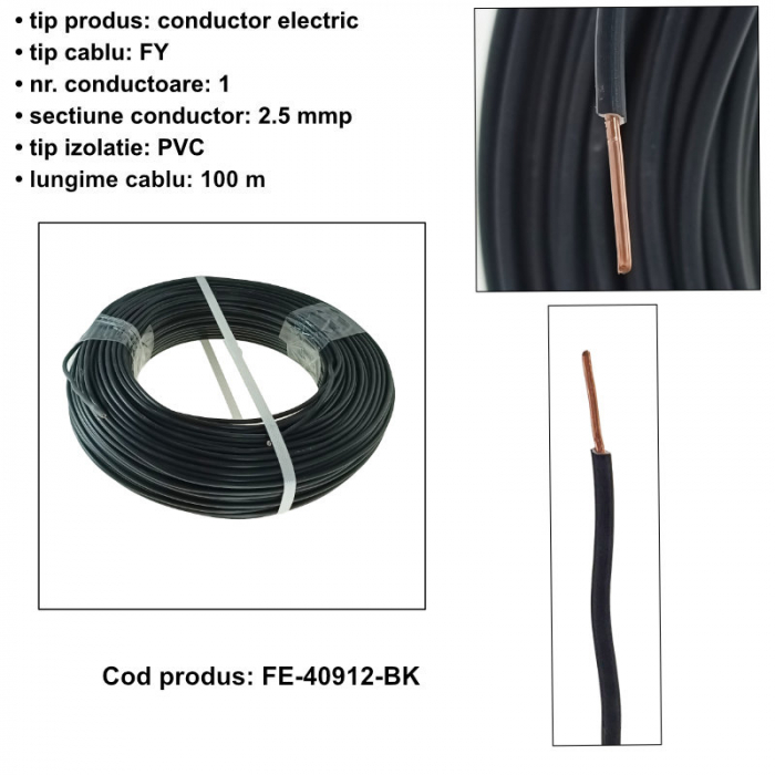 Rola conductor electric, 2.5 mmp, din cupru, 100 m, FE-40912-BK, negru [6]