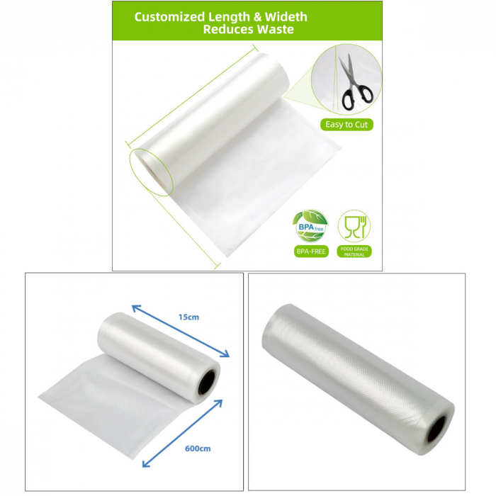 Rola pungi de vidat gofrate, 15 x 600 cm, fara BPA, rezistente, grosime 100 μm / 330 μm, pentru orice aparat de vidat alimente, ES-96527, transparenta [4]