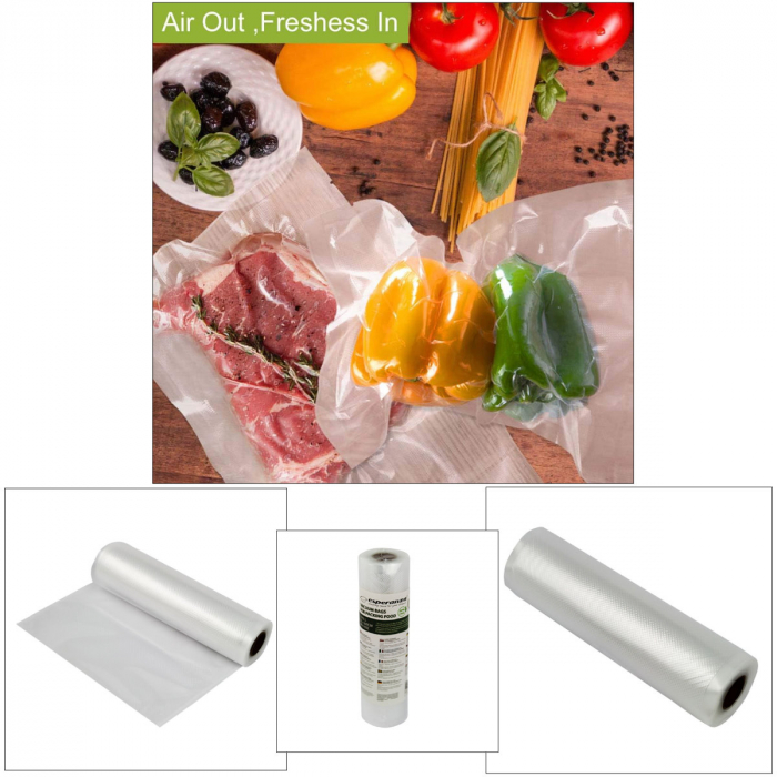 Rola pungi de vidat gofrate, 22 x 600 cm, fara BPA, rezistente, grosime 100 μm / 330 μm, pentru orice aparat de vidat alimente, ES-96525, transparenta [5]