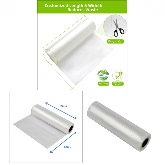 Rola pungi de vidat gofrate, 22 x 600 cm, fara BPA, rezistente, grosime 100 μm / 330 μm, pentru orice aparat de vidat alimente, ES-96525, transparenta [4]