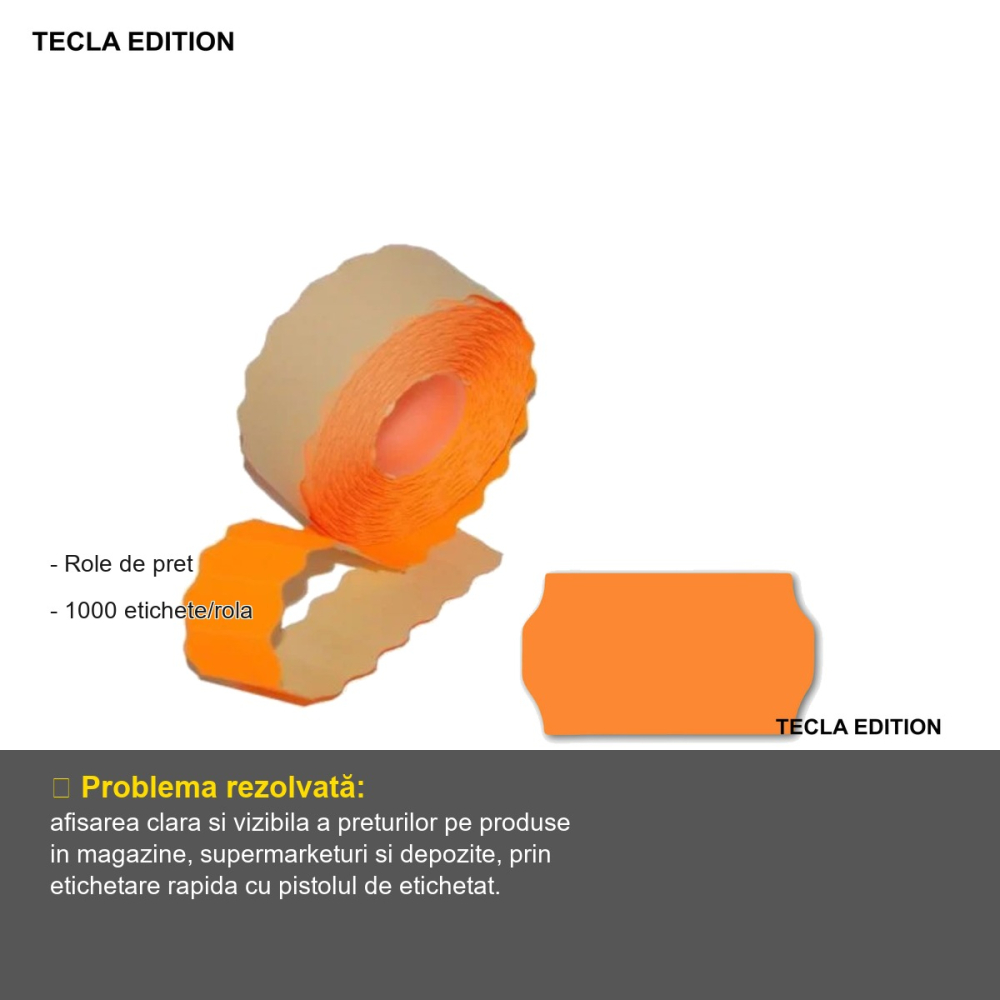 Role de pret portocalii Tecla Edition, 26x16 mm, 1000 etichete pe rola, pentru etichetare rapida in magazine [2]
