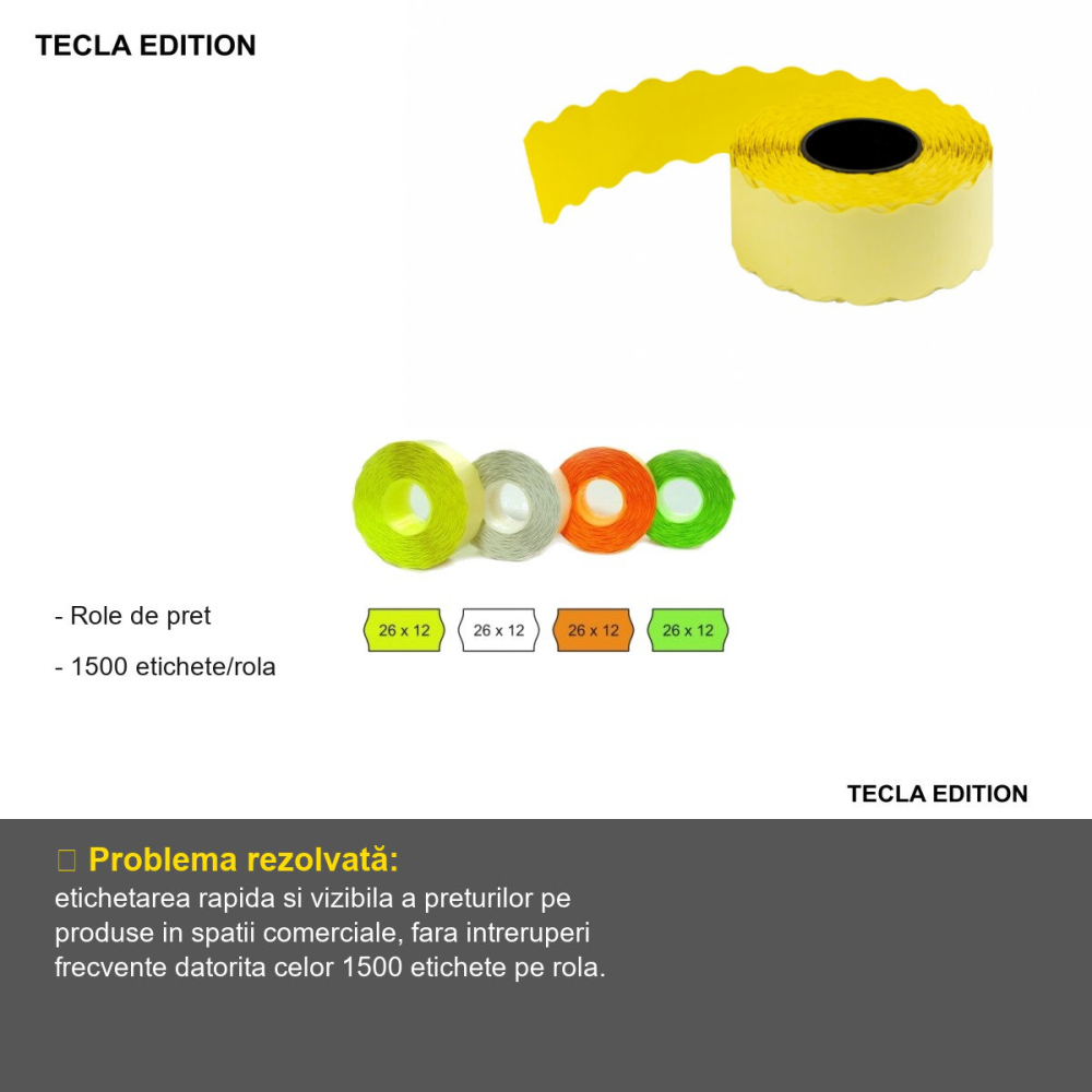 Role de pret Tecla Edition 26x12 mm, galben, 1500 etichete pe rola, pentru etichetare rapida in magazine [2]
