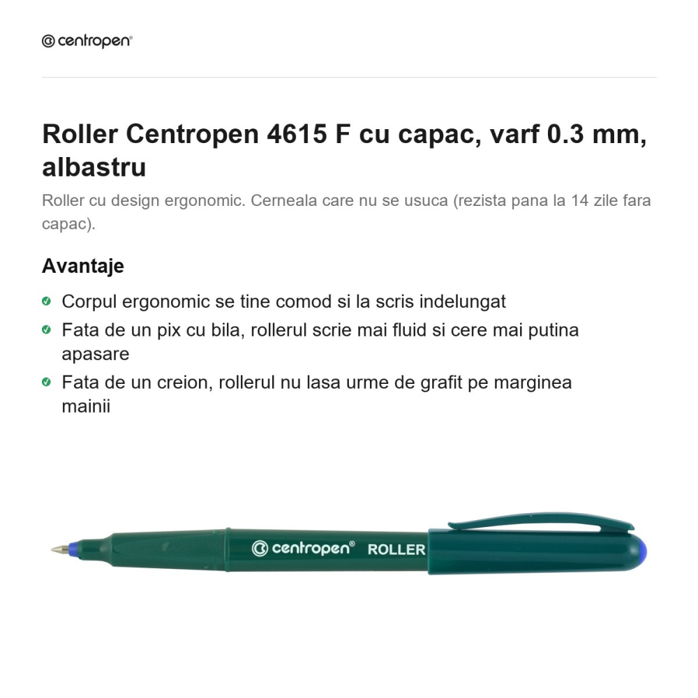 Roller Centropen 4615 F cu capac, varf 0.3 mm, albastru [2]