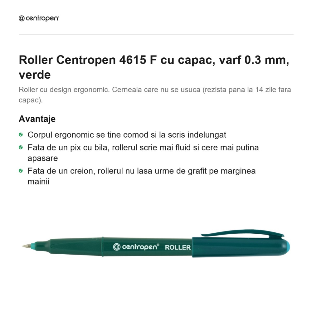 Roller Centropen 4615 F cu capac, varf 0.3 mm, verde [2]