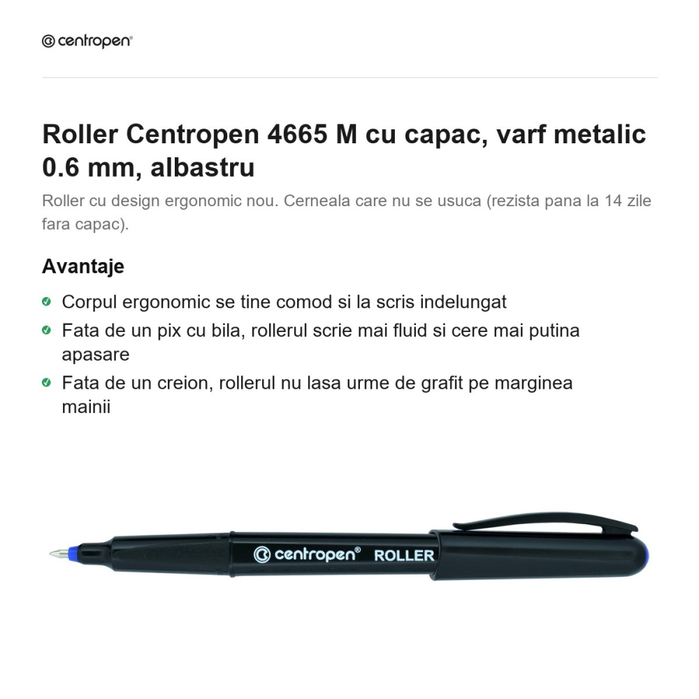 Roller Centropen 4665 M cu capac, varf metalic 0.6 mm, albastru [2]