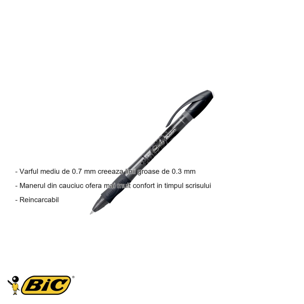 Roller cu gel Bic Gel-ocity Illusion, cerneala termosensibila stergibila, varf 0.7 mm, negru, pentru scris si corectat [2]