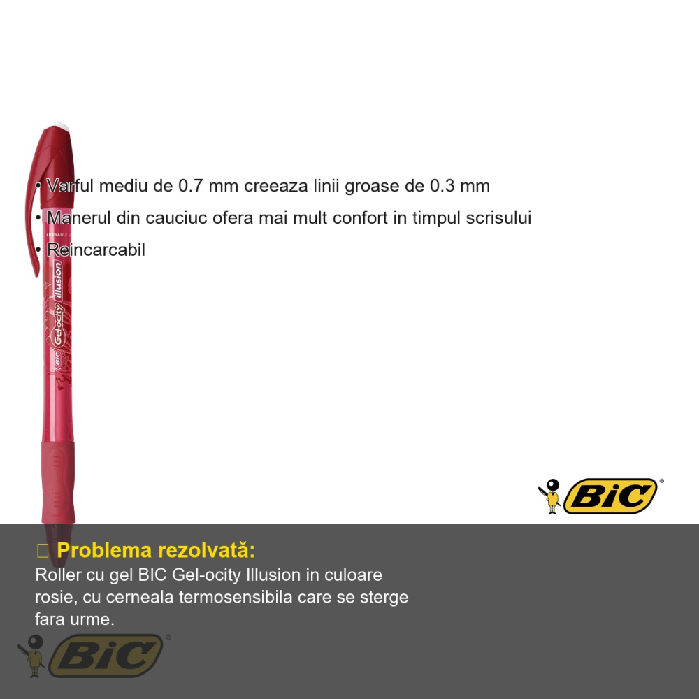 Roller cu gel BIC Gel-ocity Illusion, varf 0.7 mm, cerneala rosie termosensibila stergibila, pentru scris si corectare [3]