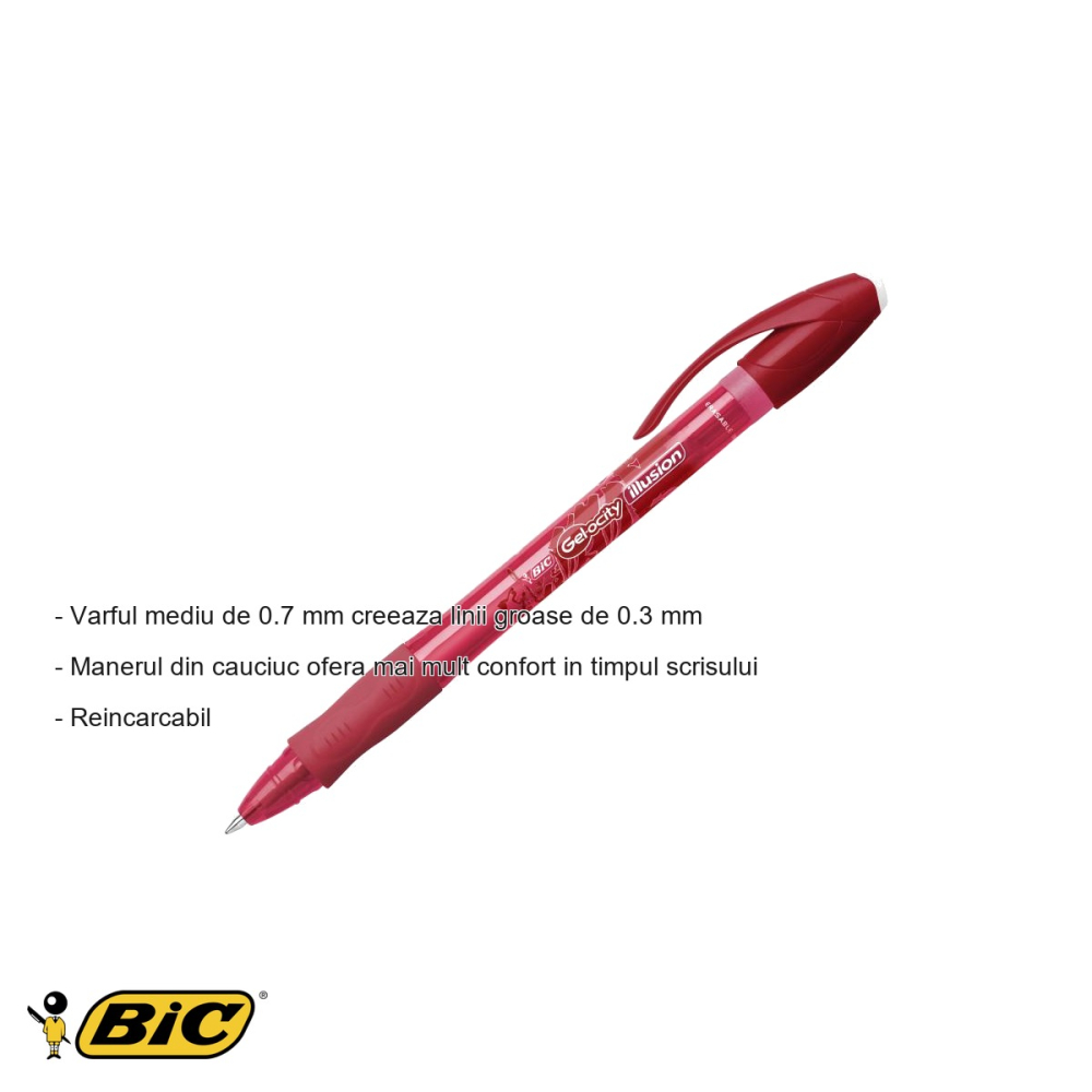 Roller cu gel BIC Gel-ocity Illusion, varf 0.7 mm, cerneala rosie termosensibila stergibila, pentru scris si corectare [2]