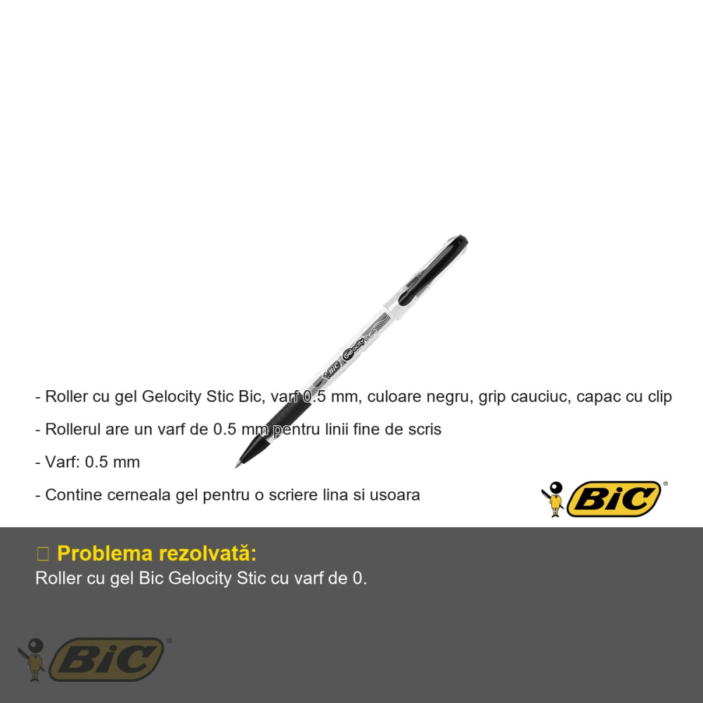 Roller cu gel Bic Gelocity Stic, varf 0.5 mm, scriere fina, negru, grip cauciuc [2]